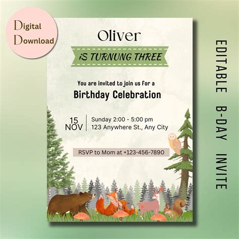 Woodland Birthday Invitation Template Editable Invitation Forest