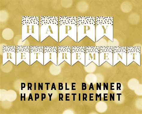 Printable Happy Retirement Banner Black Gold Confetti Bunting Instant Digital Download ...