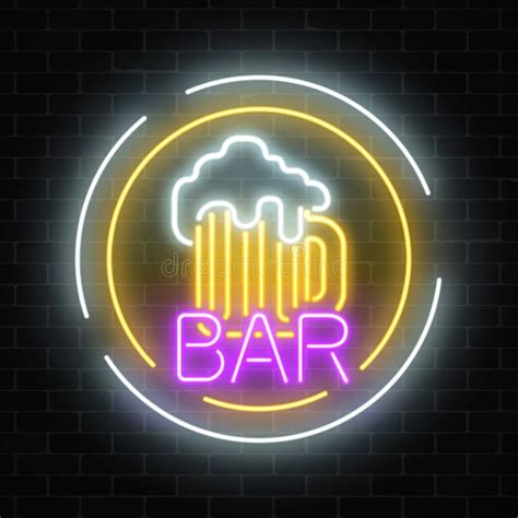 Glowing Neon Beer Pub Signboard In Circle Frames On Dark Brick Wall