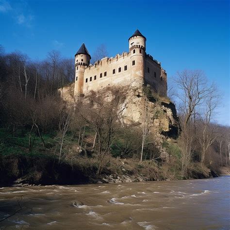 Premium AI Image | Ancient medieval stone castle with towers on banks ...