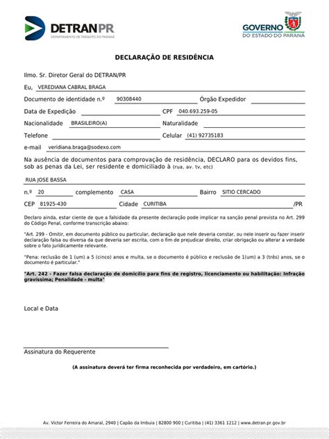 Declaração Para O Detran - Declaração de Residência para DETRAN/PR | PDF