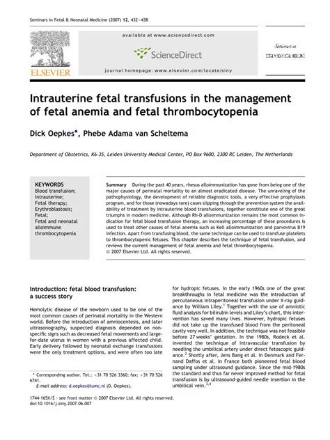 Pdf Intrauterine Fetal Transfusions In The Management Of Fetal Anemia