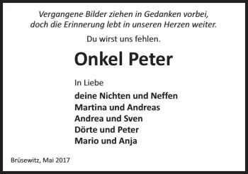 Traueranzeigen Von Onkel Peter Trauer Nordkurier