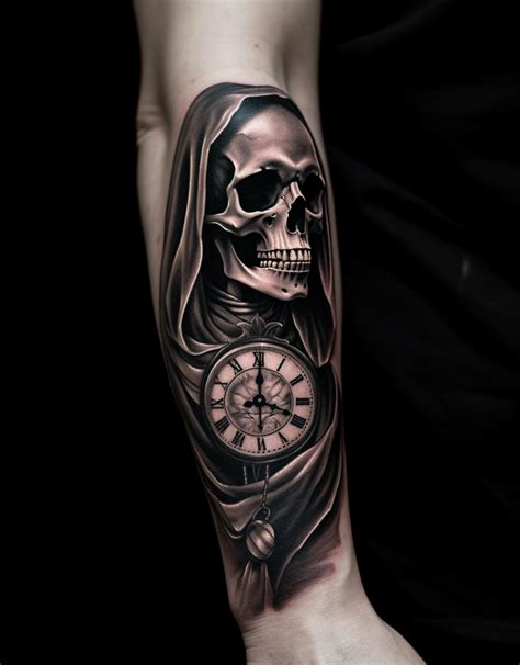 Scary grim reaper tattoo with clock for men and women | Forearm cover ...