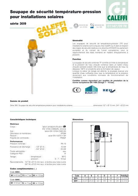 Soupape de sécurité température pression pour Caleffi