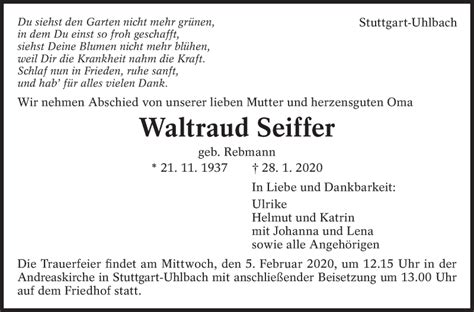 Traueranzeigen Von Waltraud Seiffer Zeit Des Gedenkens De