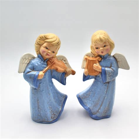 Pretty Vintage Ceramic Christmas Angel Figurines Set Two Music