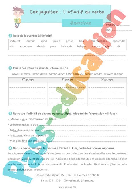 Infinitif Du Verbe Exercices De Conjugaison Pour Le Ce Pdf Imprimer