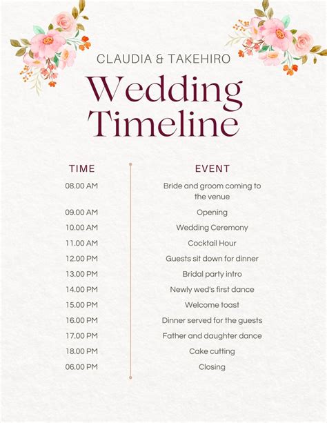 Printable Editable Wedding Timeline Template