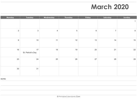 March 2020 Calendar Templates