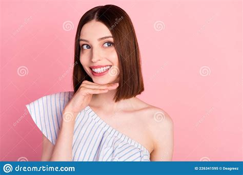 Photo Of Nice Brunette Millennial Lady Hand Face Look Empty Space Wear