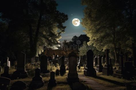 Cementerio Por La Noche Con Luna Llena Brillando Por Encima Stock De