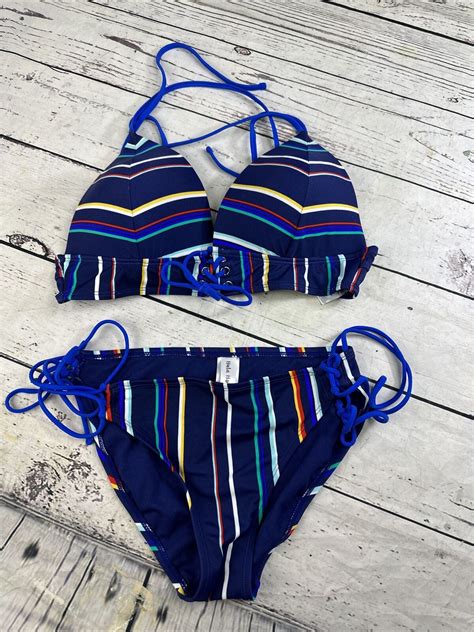 Hula Honey Swimsuit Bikini Xl Top L Bottoms Striped Primary Color Ebay