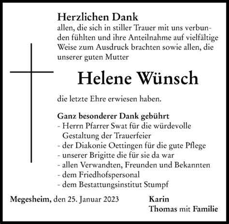 Traueranzeigen von Helene Wünsch Augsburger Allgemeine Zeitung