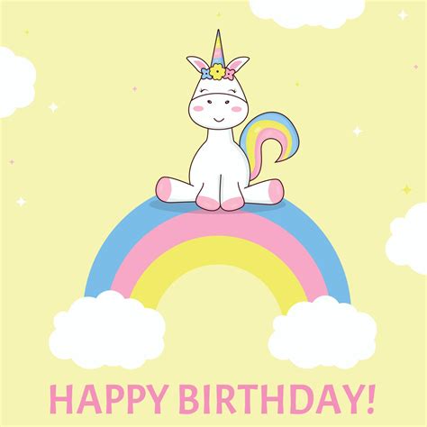 Unicorn Birthday Card With Yellow Background Unicorn Sitting On A