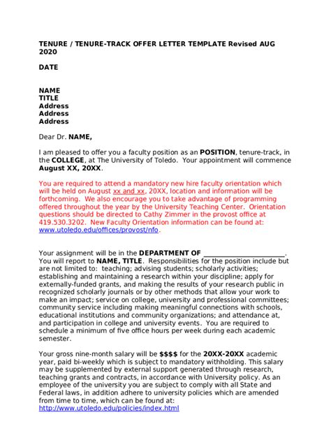 Sample Tenure System Faculty Offer Letter Doc Template Doc