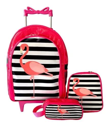 Mochila Rodinhas Flamingo Lancheira Estojo Kit Parcelamento Sem Juros