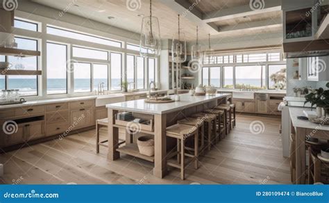 Interior Deisgn Of Kitchen In Coastal Style With Ocean View Stock