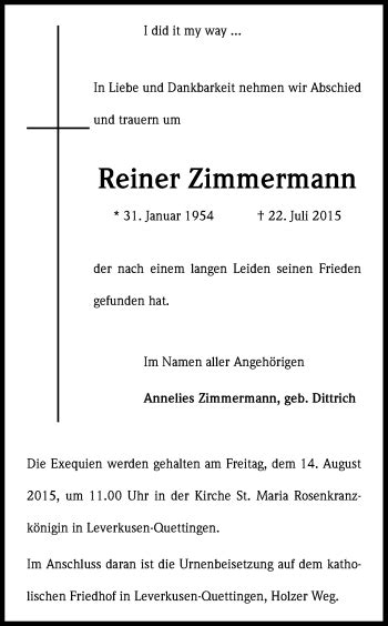 Traueranzeigen Von Reiner Zimmermann Wirtrauern