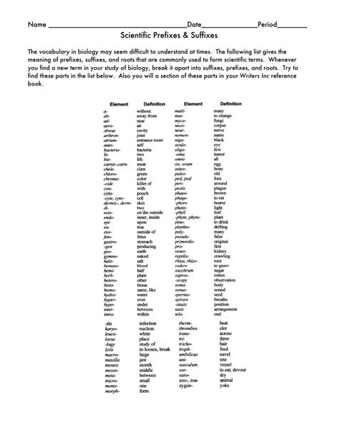 Biology Suffixes And Prefixes List