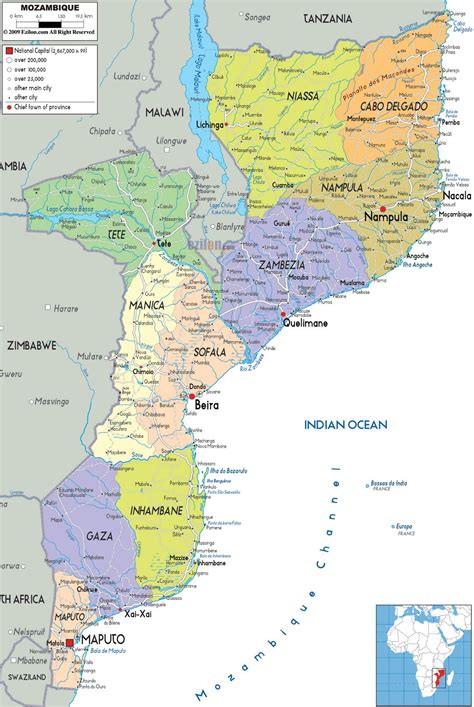 Large political and administrative map of Mozambique with roads, cities ...