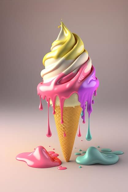 Premium Photo Ice Cream Cone With Flowing Multicolored Droplets On