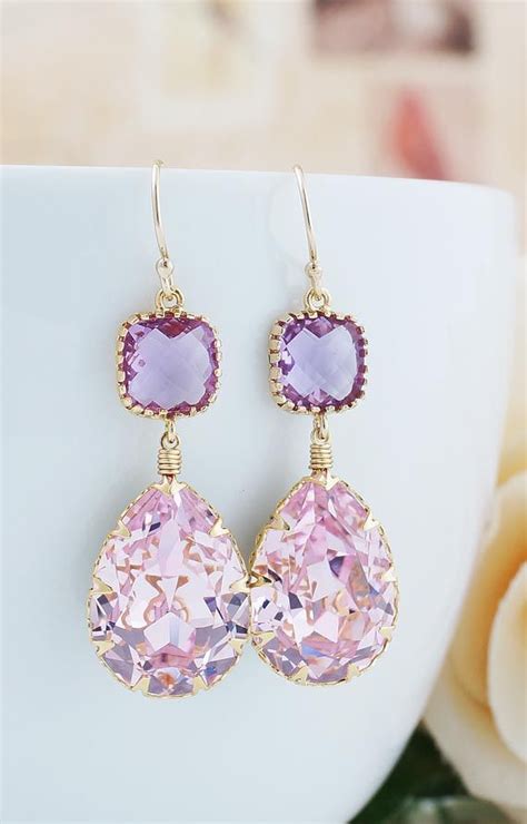 Rosaline Pink Swarovski Crystal With Lavender Glass Dangle Earrings