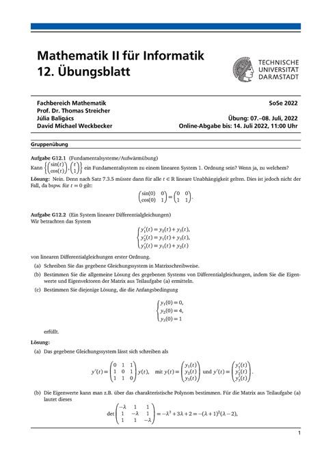 Uebung 12 Gruppenloesung Mathematik II für Informatik 12 Übungsblatt