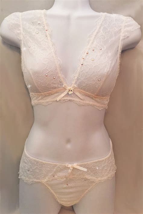 White Lace Swarovski Crystal Bralette Bra Top And Panties Set 32c Etsy