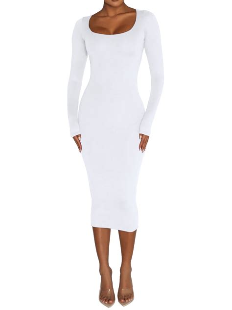 Nygoyerh Women Bodycon Dress Long Sleeve U Neck Solid Slim Fit Cocktail