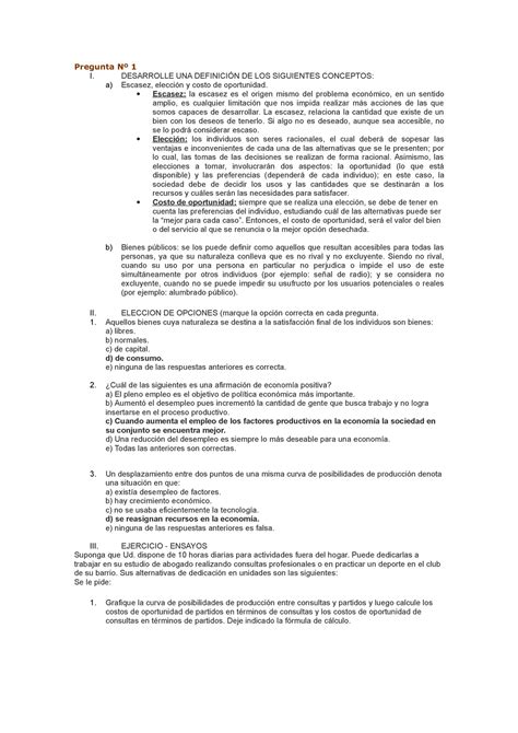 Parcial Economia Pregunta N I Desarrolle Una Definici N De Los