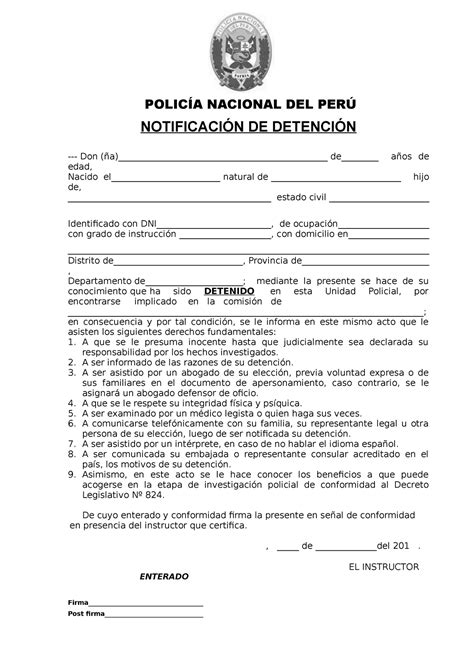 1 Notificacion DE Detencion POLICÍA NACIONAL DEL PERÚ NOTIFICACIÓN