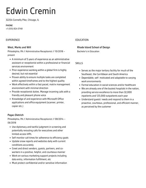 Administrative Receptionist Resume Samples Velvet Jobs