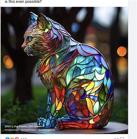 A Stained Glass Cat Sitting On Top Of A Wooden Table In Front Of Some Trees