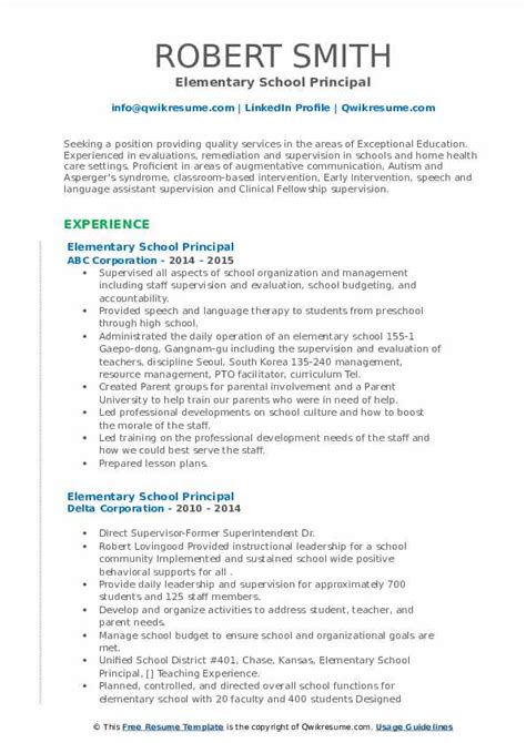 Elementary School Principal Resume Samples | QwikResume