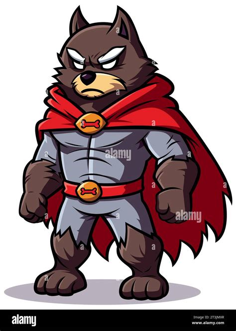 Cartoon style illustration of fierce superhero wolf with red cape ...