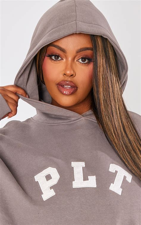 Plt Plus Charcoal Logo Oversized Hoodie Plus Size Prettylittlething Ire