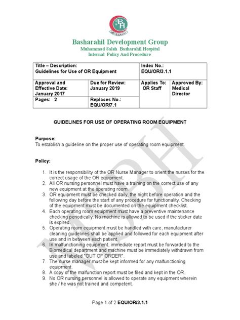 Operating Room Nurse Checklist - Use of Equipment | Nursing | Health Care