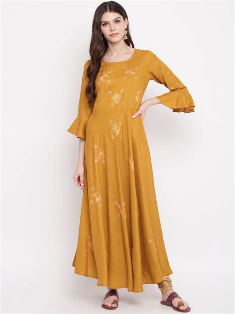 Buy Kalini Women Mustard Yellow Floral Embroidered Flared Sleeves Anarkali Kurta Kurtas For