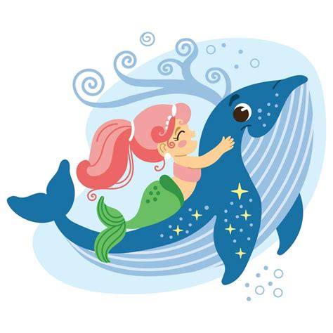 Cute Cartoon Pink Haired Mermaid With A Whale Vector Illustration 24603470 Vector Art At Vecteezy