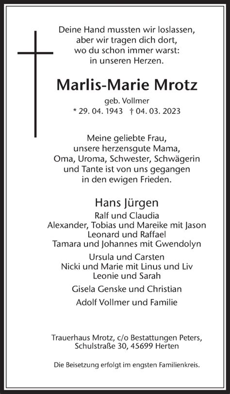 Traueranzeigen Von Marlis Marie Mrotz Sich Erinnern De