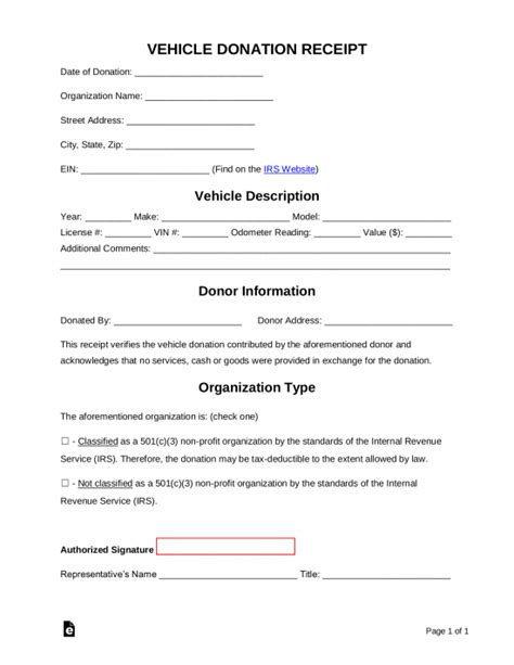 Free Vehicle Donation Receipt Template - PDF | Word – eForms