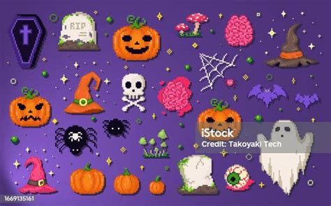 Pixel Art Halloween Set 8bit Video Games Elemetns For Spooky Party Decorations Stock