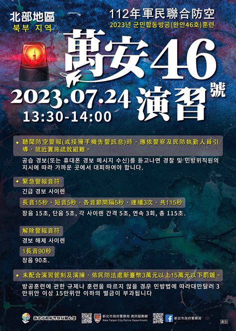 112年軍民聯合防空萬安46號演習 多國語文宣導海報 防空疏散避難專區 新北市政府警察局新莊分局