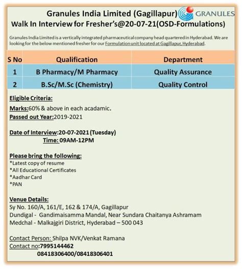 Freshers B Pharm M Pharm Msc B Sc Walk In Th July At Granules