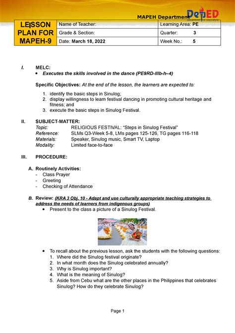 Q3 Cot Pe9 Cot1 Eugene Mapeh Department Le Sson Plan For Mapeh Name Of Teacher Learning Area