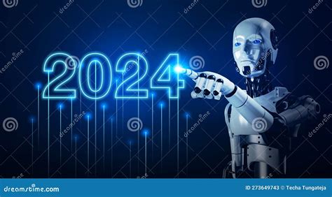 3d Rendering AI Robot Humanoid Touching On 2024 Calendar Year Number