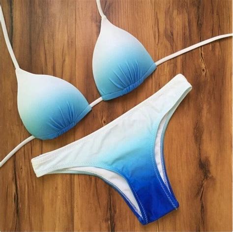 Women Blue Gradient Sexy Halter Top Bikinis Women Swimwear Push Up