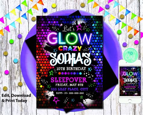 Glow Party Invitation Graffiti Invitation Neon Glow In The Dark Party Girls Teen Birthday