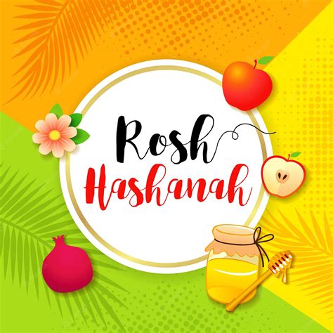 Premium Vector Rosh Hashanah Banner With Jar Of Honey Pomegranate Apple And Palm Tree Leaf